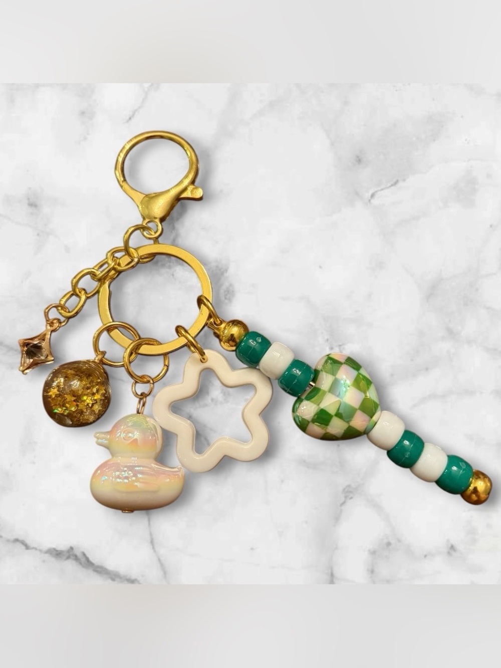 Gold-Tone Green & Cream Charm Keychain with Checkered Heart